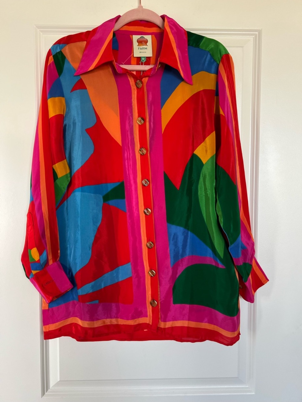 FARM Rio Bold Leaf Print Multicolor Silk Button-Up Shirt NWT